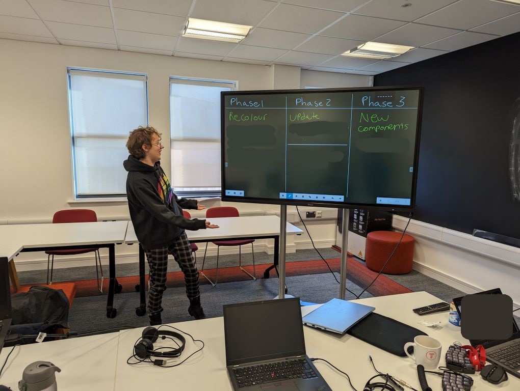 Shelley guesturing wildly at an interactive whiteboard